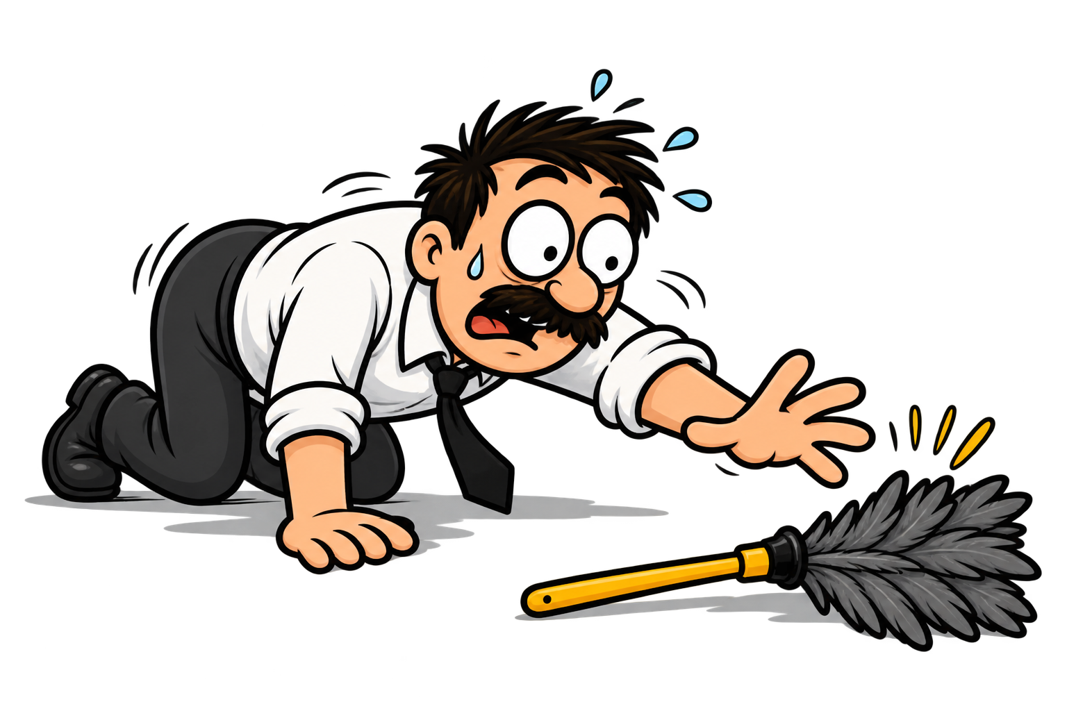 Bill crawling on the floor, reaching for a fallen feather duster