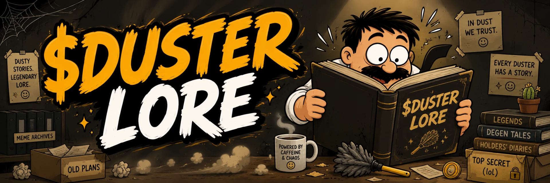 $DUSTER Lore artwork: Bill reading a dusty book of legendary lore